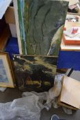 MIXED LOT: ABSTRACT OIL ON BOARD STUDY, TOGETHER WITH A FURTHER OIL ON CANVAS, FARM BUILDINGS,