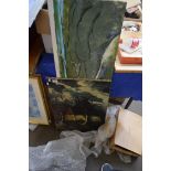 MIXED LOT: ABSTRACT OIL ON BOARD STUDY, TOGETHER WITH A FURTHER OIL ON CANVAS, FARM BUILDINGS,
