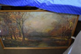 AFTER REG LEWIS COLOURED PRINT, LAKESIDE SCENE, FRAMED AND GLAZED