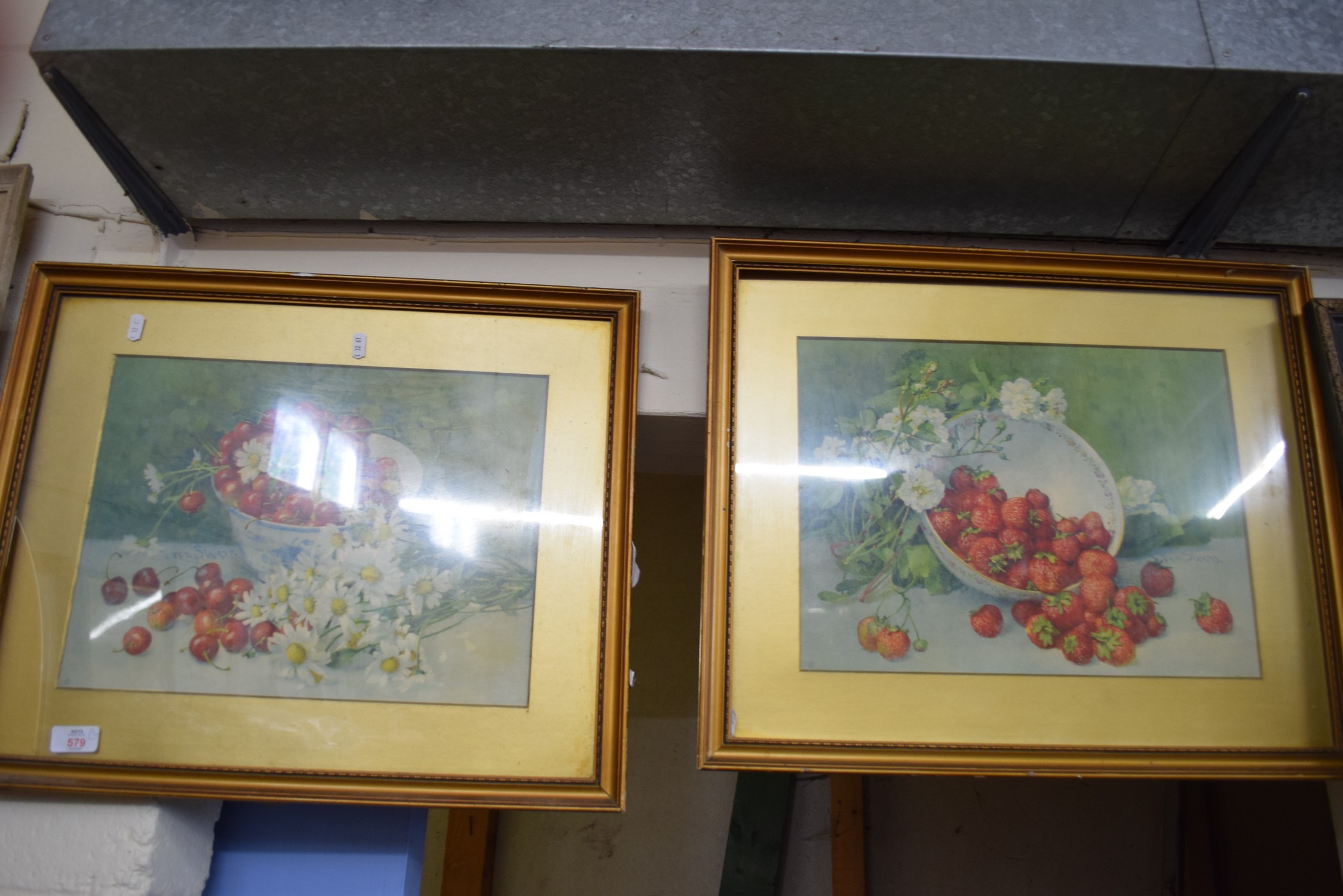 PAIR OF STILL LIFE STUDIES, A BOWL OF CHERRIES AND A BOWL OF STRAWBERRIES, FRAMED AND GLAZED, 57CM