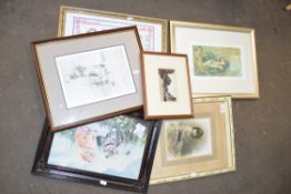 MIXED LOT: VARIOUS MIXED COLOURED PICTURES, NEEDLEWORK PICTURE AND OTHER ITEMS