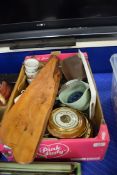 BOX OF MIXED CERAMICS, GLASS WARES, SMALL ANEROID BAROMETER ETC