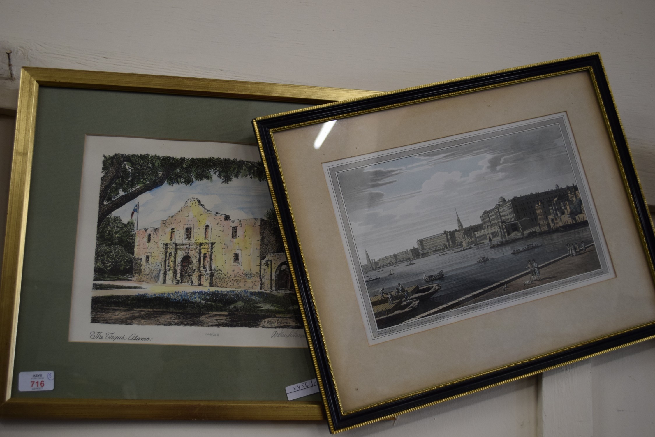 TWO COLOURED PRINTS, "THE TEXAS ALAMO" AND "THE VIEW OF SOMERSET PLACE, THE ADELPHI", BOTH FRAMED