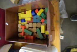 BOX OF WOODEN BUILDING BLOCKS