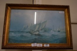 FRAMED COLOURED PRINT, SHIP IN STORMY SEAS, IN A FLORAL GILT FRAME, 51CM WIDE