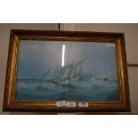 FRAMED COLOURED PRINT, SHIP IN STORMY SEAS, IN A FLORAL GILT FRAME, 51CM WIDE