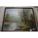 DILLON OIL ON CANVAS, RIVERSIDE SCENE, 67CM WIDE, FRAMED