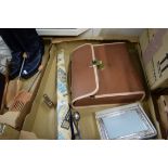 BOX OF CASED TYPEWRITER, ROYAL COMMEMORATIVE SPOON, BRASS STAIR RODS ETC