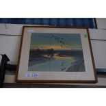 PETER SCOTT COLOURED PRINT, "FLIGHTING GEESE", FRAMED AND GLAZED, 53CM WIDE