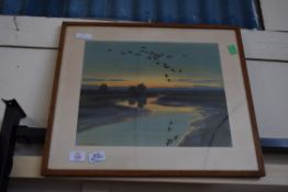 PETER SCOTT COLOURED PRINT, "FLIGHTING GEESE", FRAMED AND GLAZED, 53CM WIDE