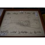 BLACK AND WHITE MAP OF LEIGH, ESSEX, FRAMED AND GLAZED, 47CM WIDE