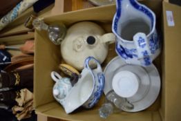 BOX OF MIXED WARES TO INCLUDE STONEWARE HOT WATER BOTTLE, BLUE AND WHITE OCTAGONAL JUG ETC