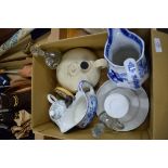 BOX OF MIXED WARES TO INCLUDE STONEWARE HOT WATER BOTTLE, BLUE AND WHITE OCTAGONAL JUG ETC