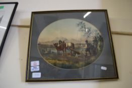 19TH CENTURY COLOURED PRINT, PLOUGHING SCENE, FRAMED AND GLAZED, 41CM WIDE