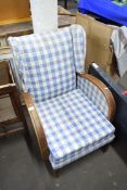 EARLY 20TH CENTURY HARDWOOD FRAMED CHAIR WITH CHEQUERED UPHOLSTERY, 55CM WIDE