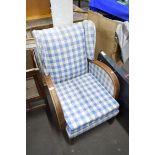 EARLY 20TH CENTURY HARDWOOD FRAMED CHAIR WITH CHEQUERED UPHOLSTERY, 55CM WIDE