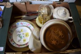 BOX OF MIXED WARES, CERAMICS, 400 DAY ANNIVERSARY CLOCK, VARIOUS CUTLERY ETC