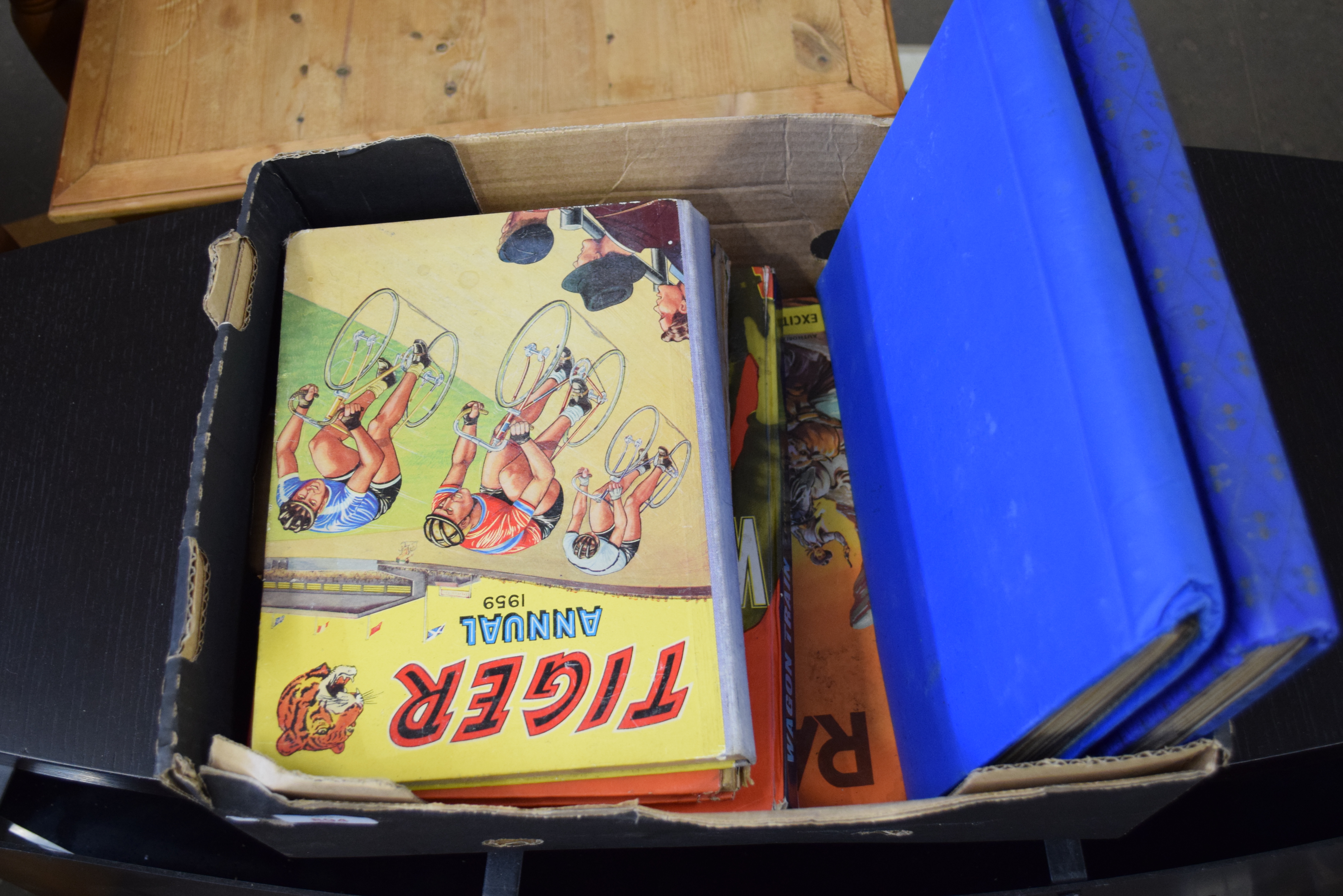 BOX OF CHILDRENS ANNUALS AND TWO ALBUMS CONTAINING BOOKMARKS