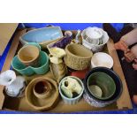 BOX OF MIXED CERAMICS, RANGE OF JARDINIERES