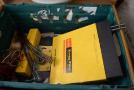 BOX OF MIXED ITEMS TO INCLUDE CALCULATOR, VARIOUS CURTAIN RAIL FITTINGS, MODEL RAILWAY TRACK ETC