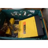 BOX OF MIXED ITEMS TO INCLUDE CALCULATOR, VARIOUS CURTAIN RAIL FITTINGS, MODEL RAILWAY TRACK ETC