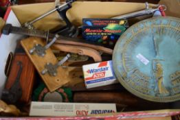BOX OF MIXED ITEMS TO INCLUDE SUN DIAL, TOOLS, COAT HANGERS ETC