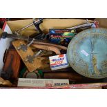 BOX OF MIXED ITEMS TO INCLUDE SUN DIAL, TOOLS, COAT HANGERS ETC