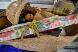 BASKET CONTAINING DOLL, FLORAL CURTAINS, VARIOUS TINS ETC