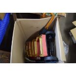 BOX OF MIXED ITEMS TO INCLUDE UMBRELLAS, LUGGAGE TROLLEY, METAL ILLUMINATED LOVE SIGN