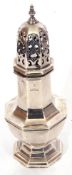 Edward VII silver sugar caster of octagonal form, fitted with a pierced removable lid, Chester 1909,