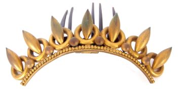 Unusual 19th century small gilt metal tiara or hairpiece of arched form decorated with hooped and