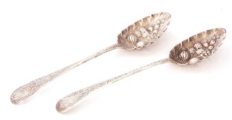 Pair George III silver table spoons with later Victorian berry and fruit embellishments, London