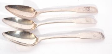 Group of three George III silver Scottish Fiddle pattern table spoons, comprising a pair by