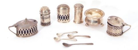 Mixed Lot: various silver condiments comprising a Birmingham hallmarked silver salt of hinged lidded