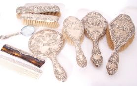 Mixed Lot: dressing table items comprising Edward VII three piece silver backed set of two brushes