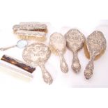 Mixed Lot: dressing table items comprising Edward VII three piece silver backed set of two brushes