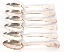 Set of six Victorian silver Fiddle pattern dessert spoons, London 1841, maker's mark RW, 18cm