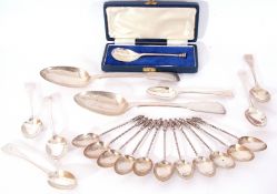 Mixed Lot: various silver flatwares comprising a pair of Victorian Fiddle pattern table spoons, a