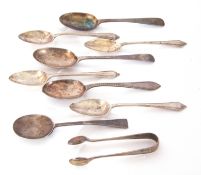 A collection of eight various tea and other spoons and further pair of hallmarked silver sugar