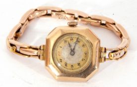 Ladies first quarter of 20th century import hallmarked 9ct gold cased large wrist watch of octagonal