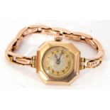 Ladies first quarter of 20th century import hallmarked 9ct gold cased large wrist watch of octagonal