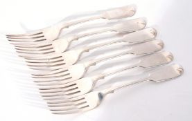 Set of six Victorian Scottish silver Fiddle pattern table forks, Edinburgh 1843, maker's mark WRS,