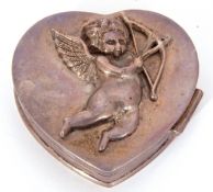 20th century white metal heart shaped small box of hinged form, decorated with Cupid to front, no