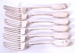 Set of six Victorian silver Fiddle pattern table forks, London 1867, maker's marks SS, possibly