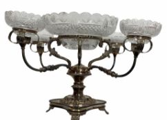 Regency style large silver plated table centrepiece, the base of waisted square form and supported