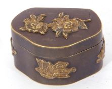 Chinese antimony box of hinged form, decorated with applied detail of various symbols and flowers,