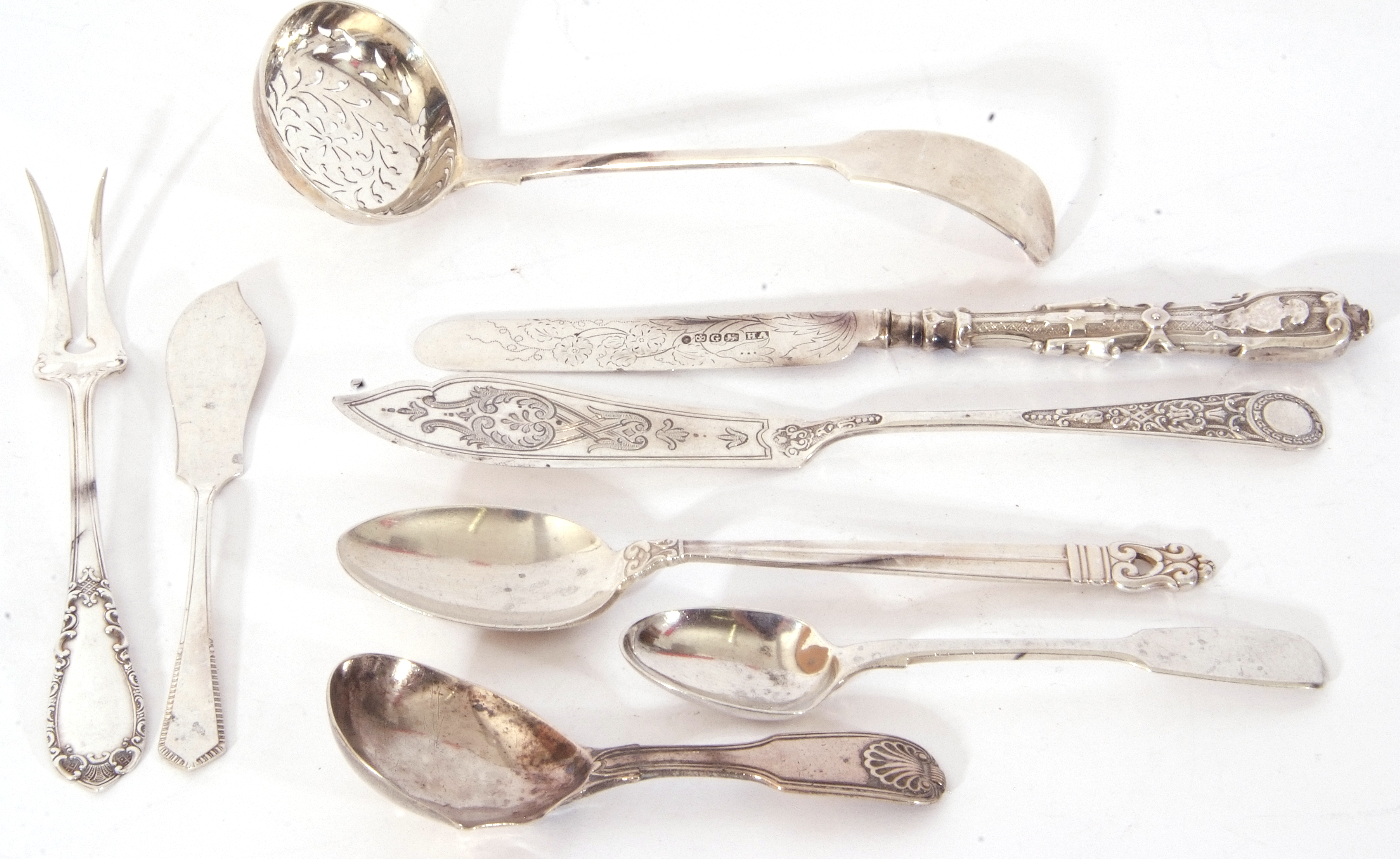 Mixed Lot: various silver and white metal flatwares to include a Victorian Fiddle pattern sifting - Image 2 of 2