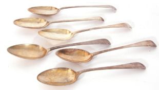 Collection of five various silver table spoons, Old English pattern, to include two bottom struck