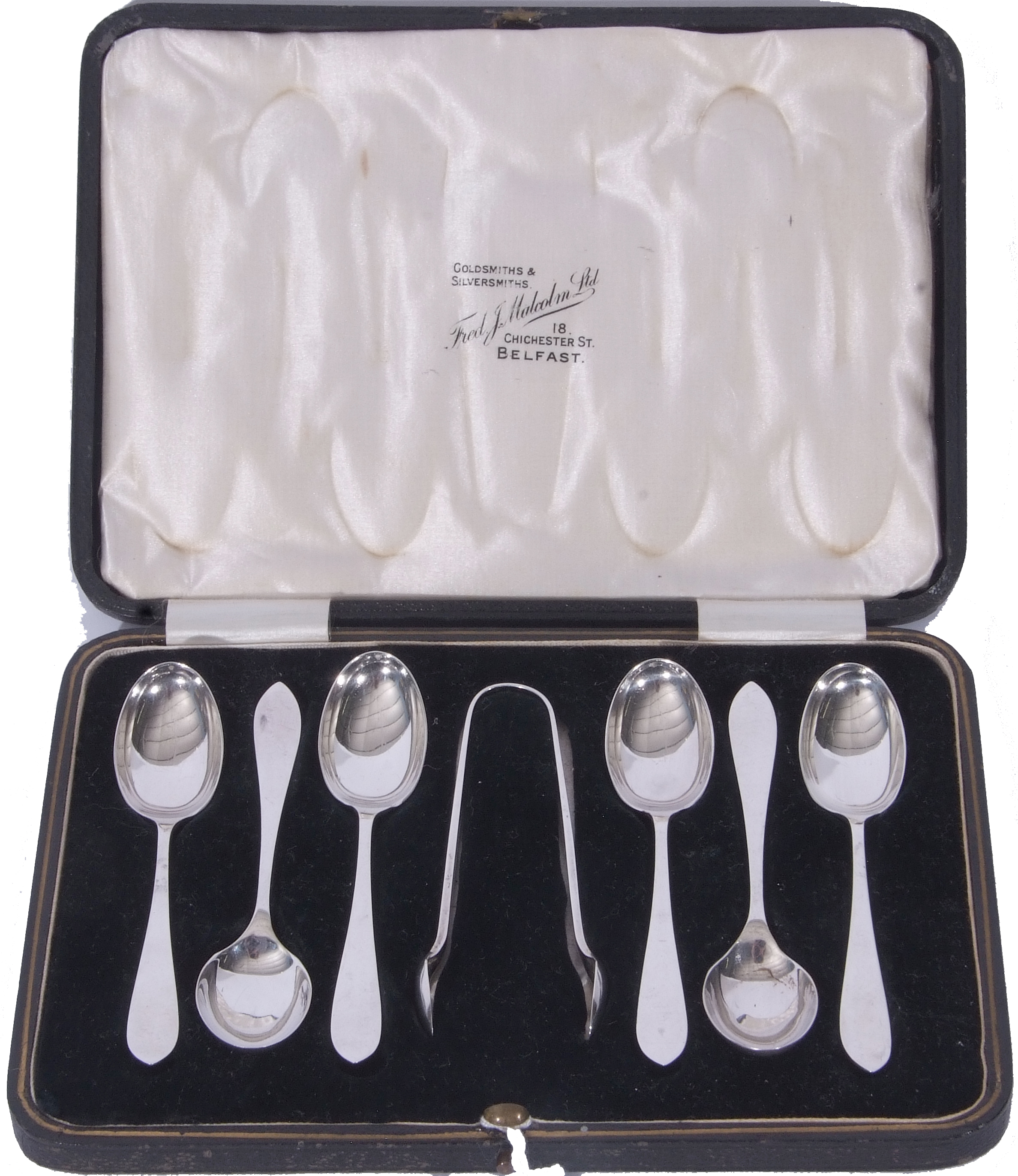 George V cased set of six silver tea spoons and accompanying sugar tongs, Sheffield 1931, maker's