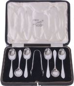 George V cased set of six silver tea spoons and accompanying sugar tongs, Sheffield 1931, maker's